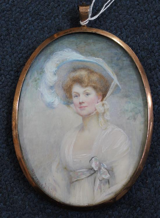 Florence White (fl.1881-1932) Miniature of an Edwardian lady, 4 x 3in.